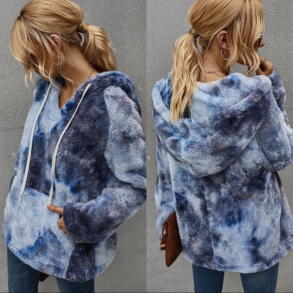 Soft Tie Dye Sherpa Fleece Hoodie Sweatshirt Dark